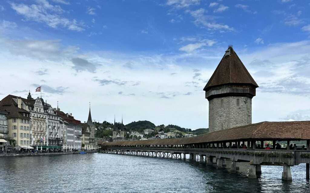Lucerne's wooden Chapel Bridge and Water Tower over the river Reuss
