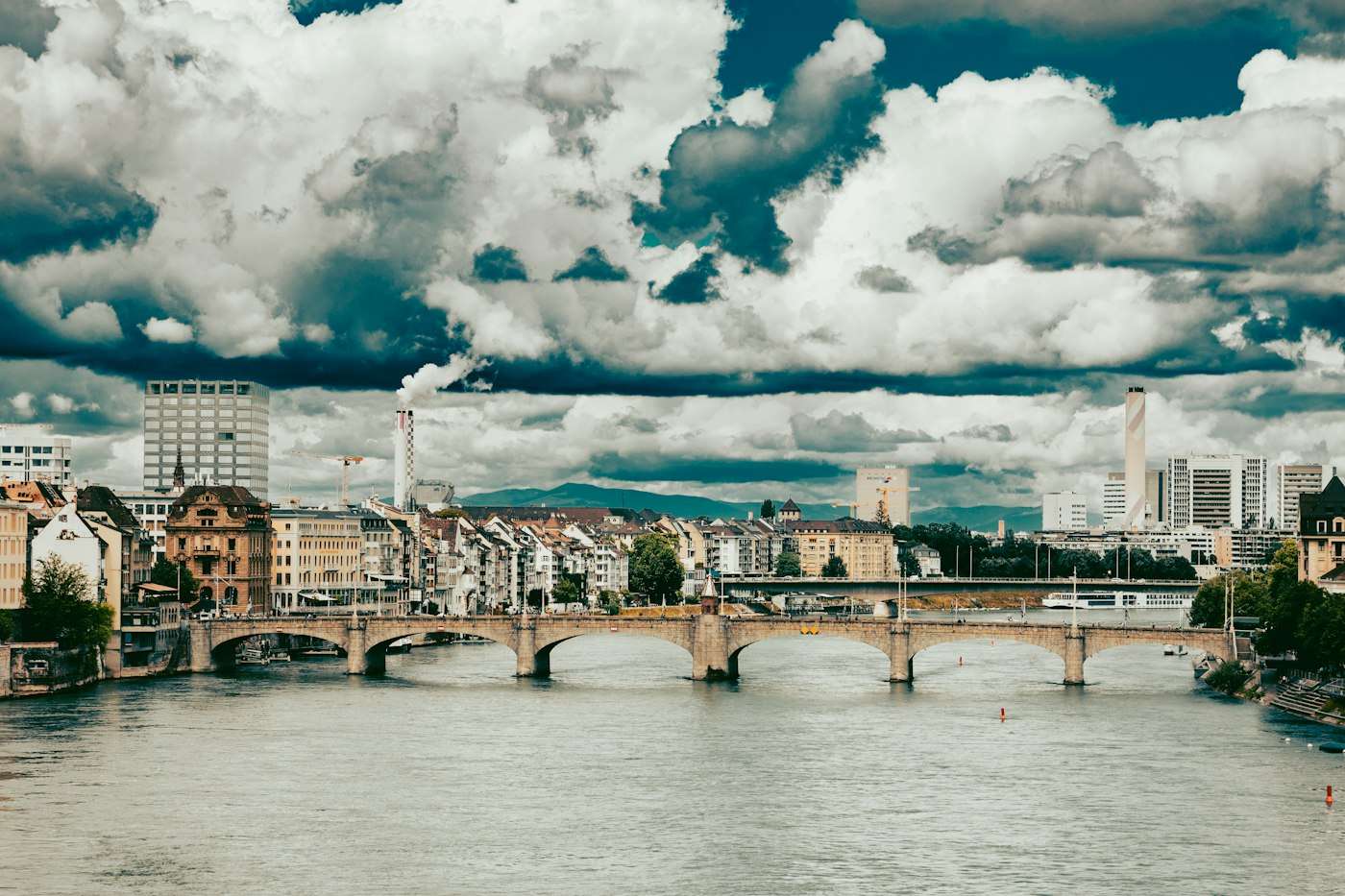 The Rhine curving through Basel past the Mittlere Brücke and the old town